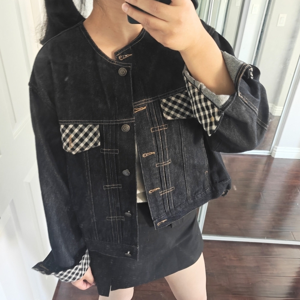 Women's Black Denim Jacket with Checkered Accents